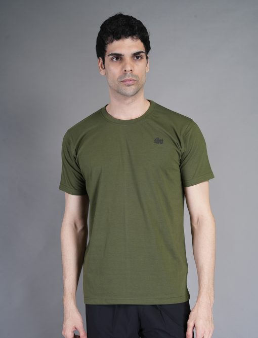 Men’s Solid Olive Green Round Neck Half Sleeves Sports T-Shirt - Image 2