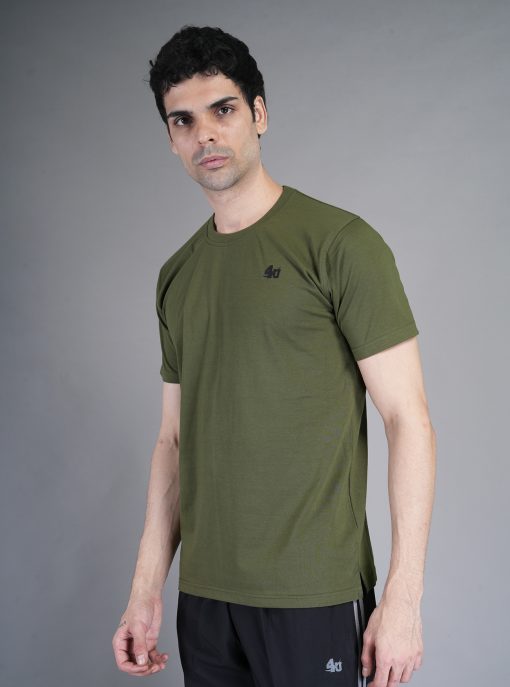 Men’s Solid Olive Green Round Neck Half Sleeves Sports T-Shirt - Image 3